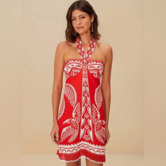 FARM Rio Dresses & Skirts - FARM Rio Beaded Fringe Red Off-White Majestic Coconut Mini Dress Size Small NWT